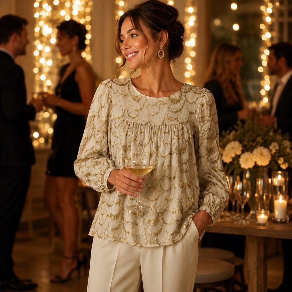 Loeffler Randall Metallic Gold Silk Scallop Top Size 2 Glam Party Chic Old Money